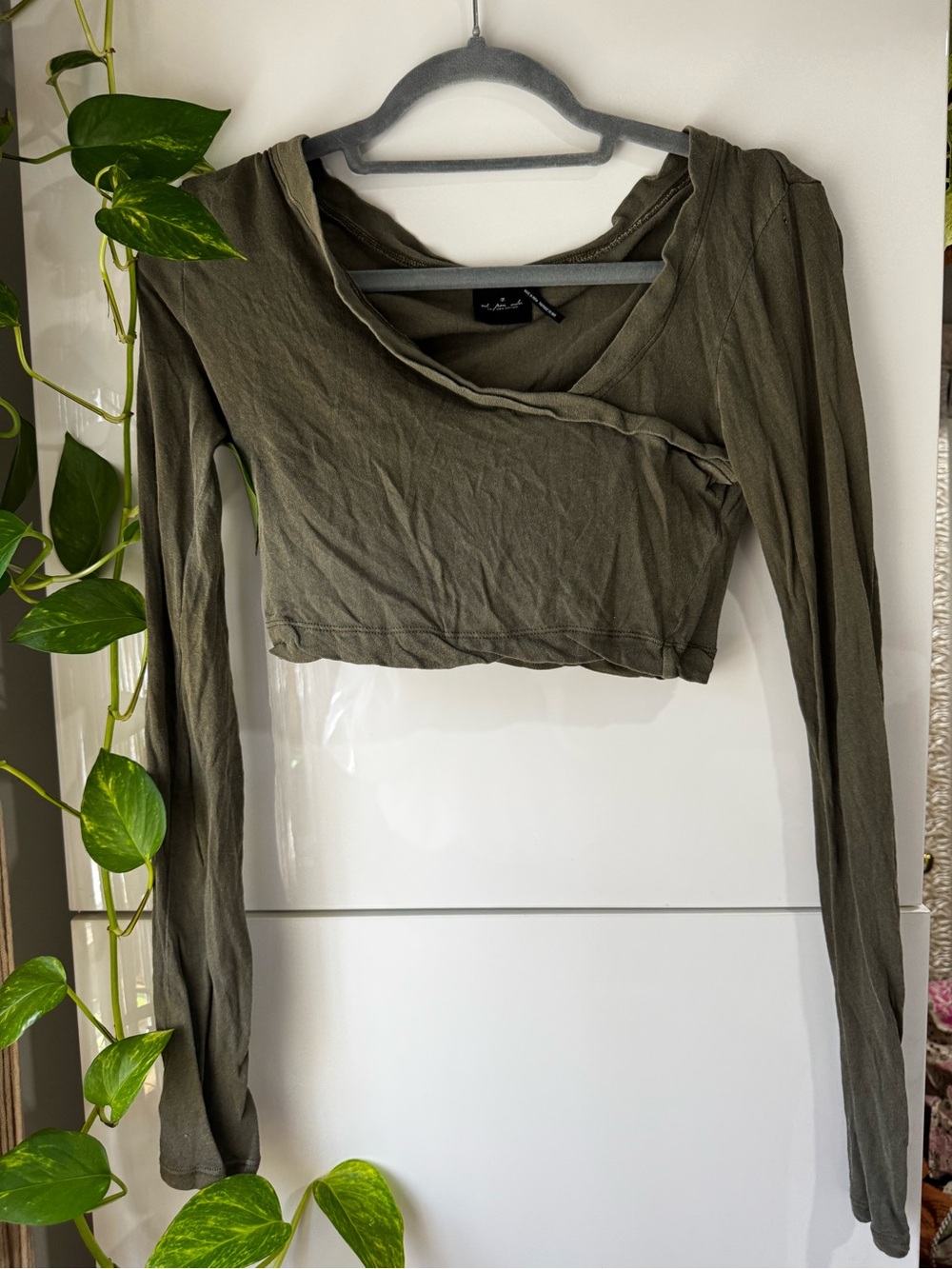 Urban Outfitters Olive Cropped Long-Sleeve Wrap Top